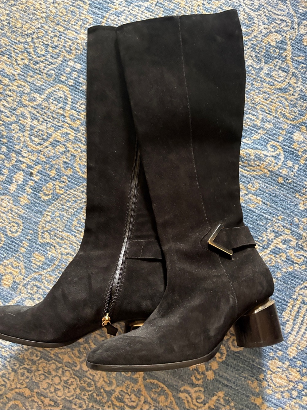 Nicholas Kirkwood Black Suede Knee Boots with Gold Accents